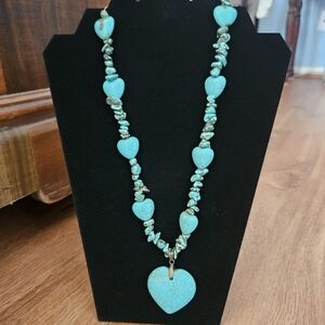 Turquoise Heart Bead Necklace - Blue Heart Pendant